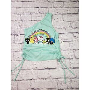 NEW Hello Kitty Jrs Mint Green One Shoulder Side Shirred Cropped Tank Top